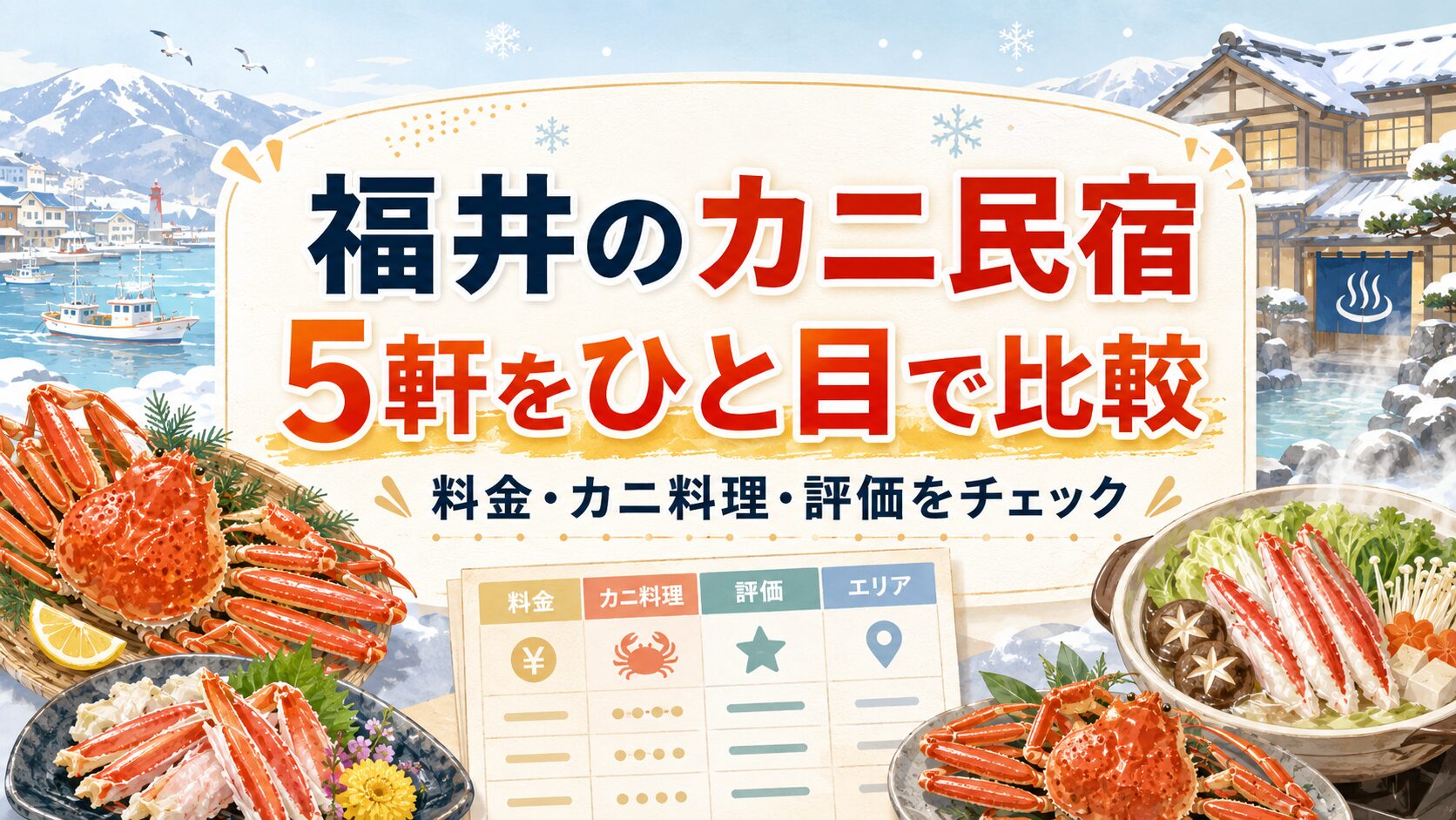 福井でカニが食べきれない安い民宿5軒を料金や料理内容で比較する画像