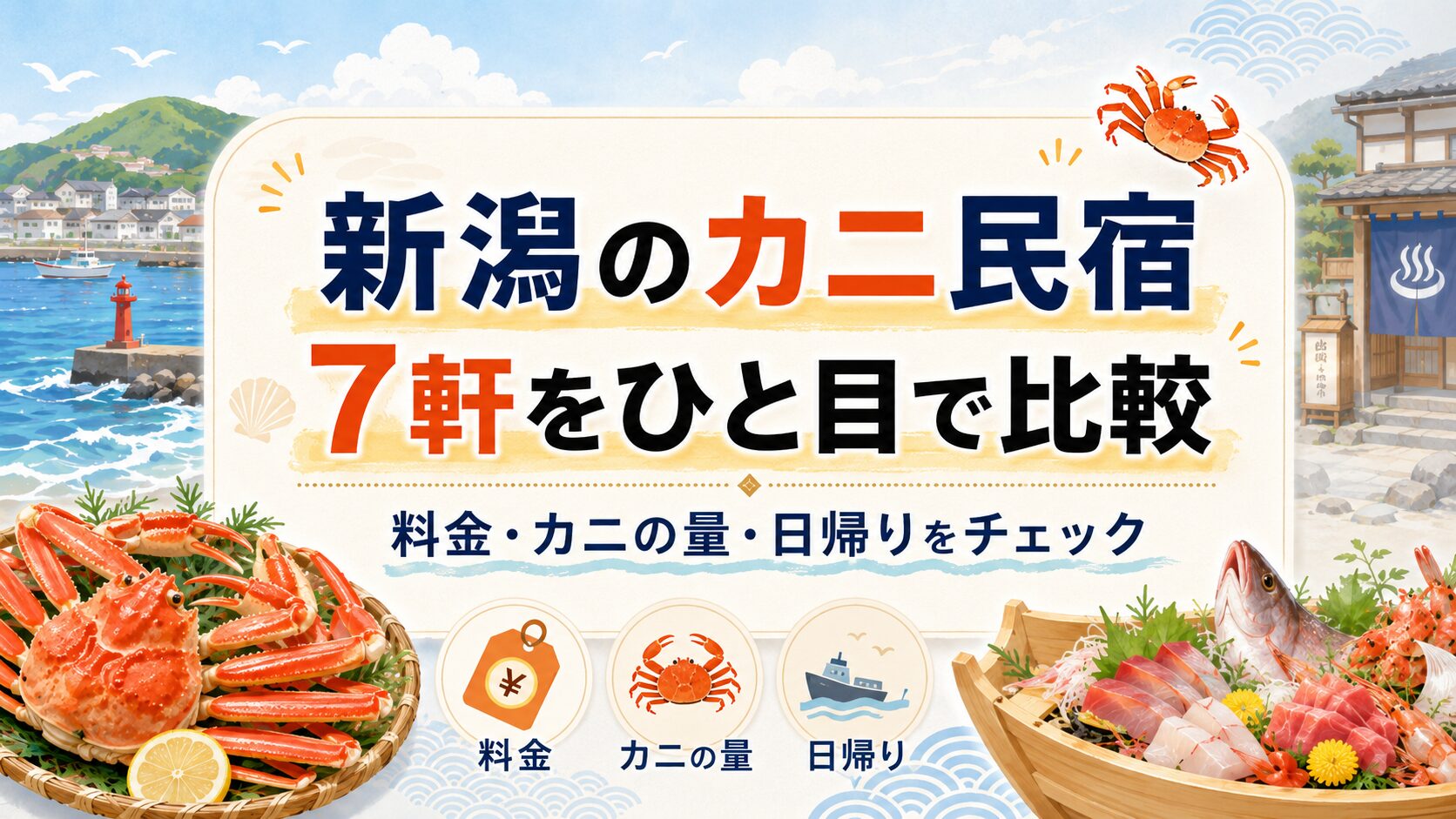 新潟のカニ民宿7軒を料金やカニの量や日帰り可否で比較する早見表のアイキャッチ画像