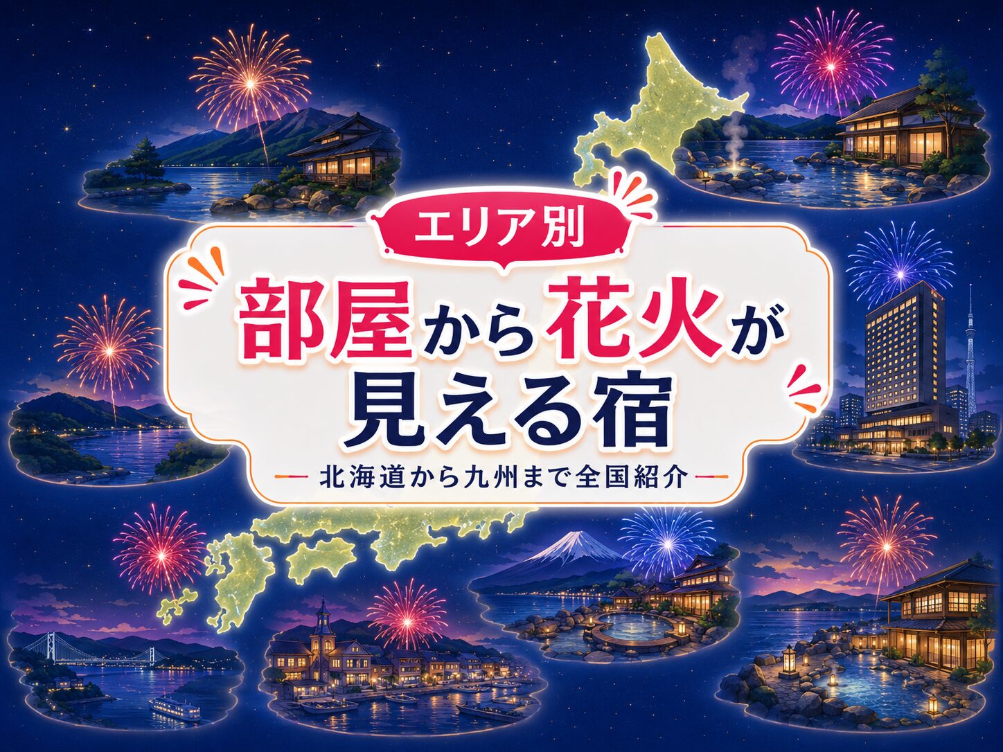 北海道から九州までエリア別に部屋から花火が見える宿を紹介するイラスト