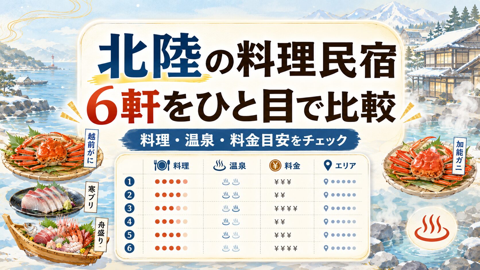 北陸の料理が豪華すぎる民宿6軒を料理・温泉・料金で比較する画像