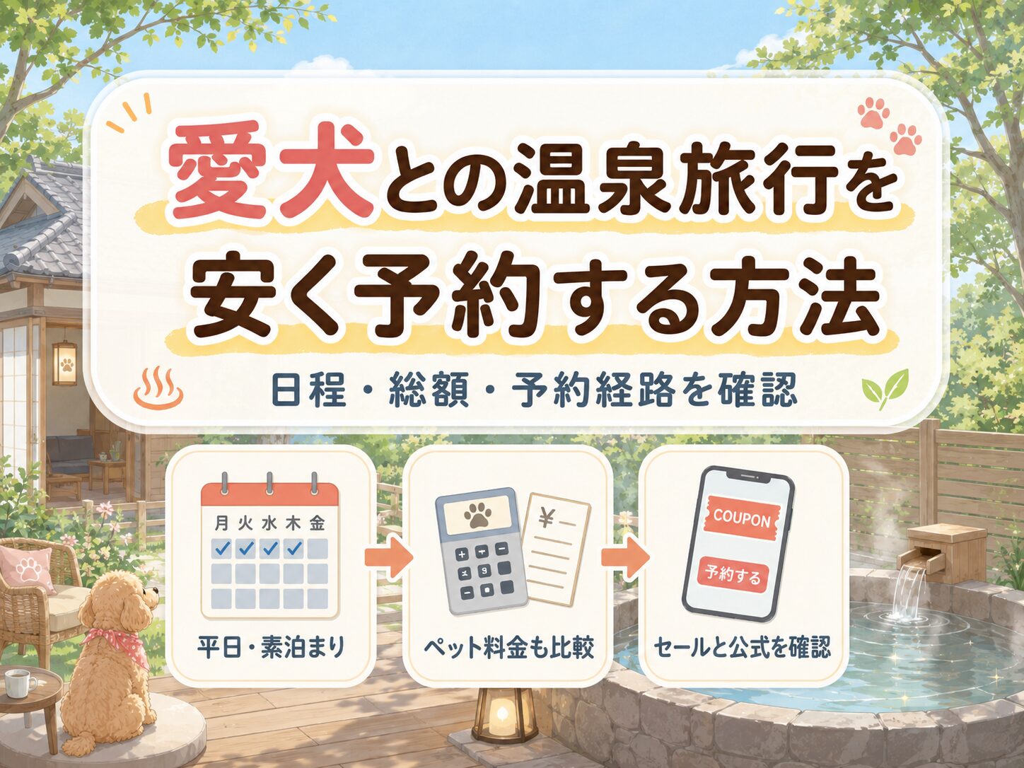愛犬と泊まれる関東の温泉宿を安く予約する方法を解説した図解
