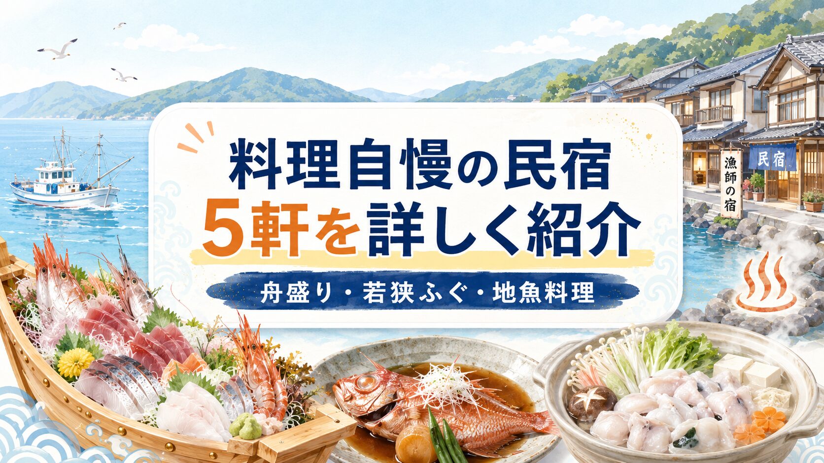福井の料理自慢な民宿で舟盛りや若狭ふぐを楽しむ