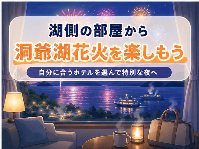 湖側のホテル客室から洞爺湖花火を楽しむ旅行のイラスト