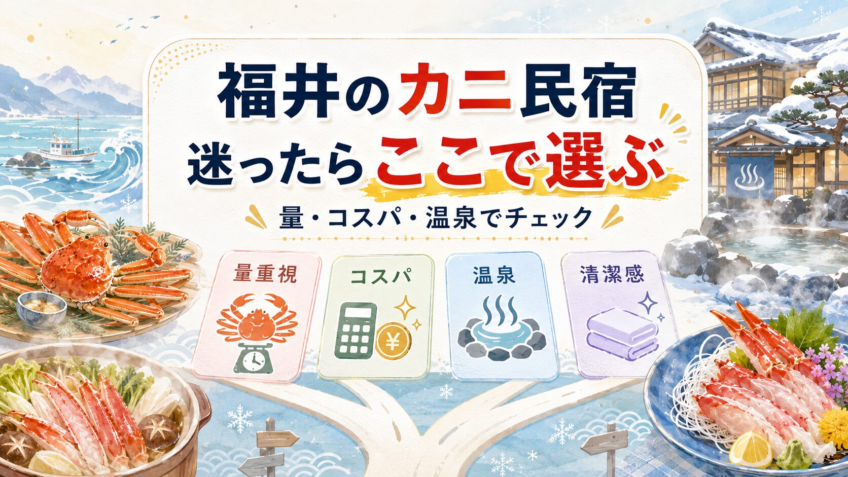 福井三国エリアのカニ民宿を量やコスパや温泉で選ぶポイントを示した画像