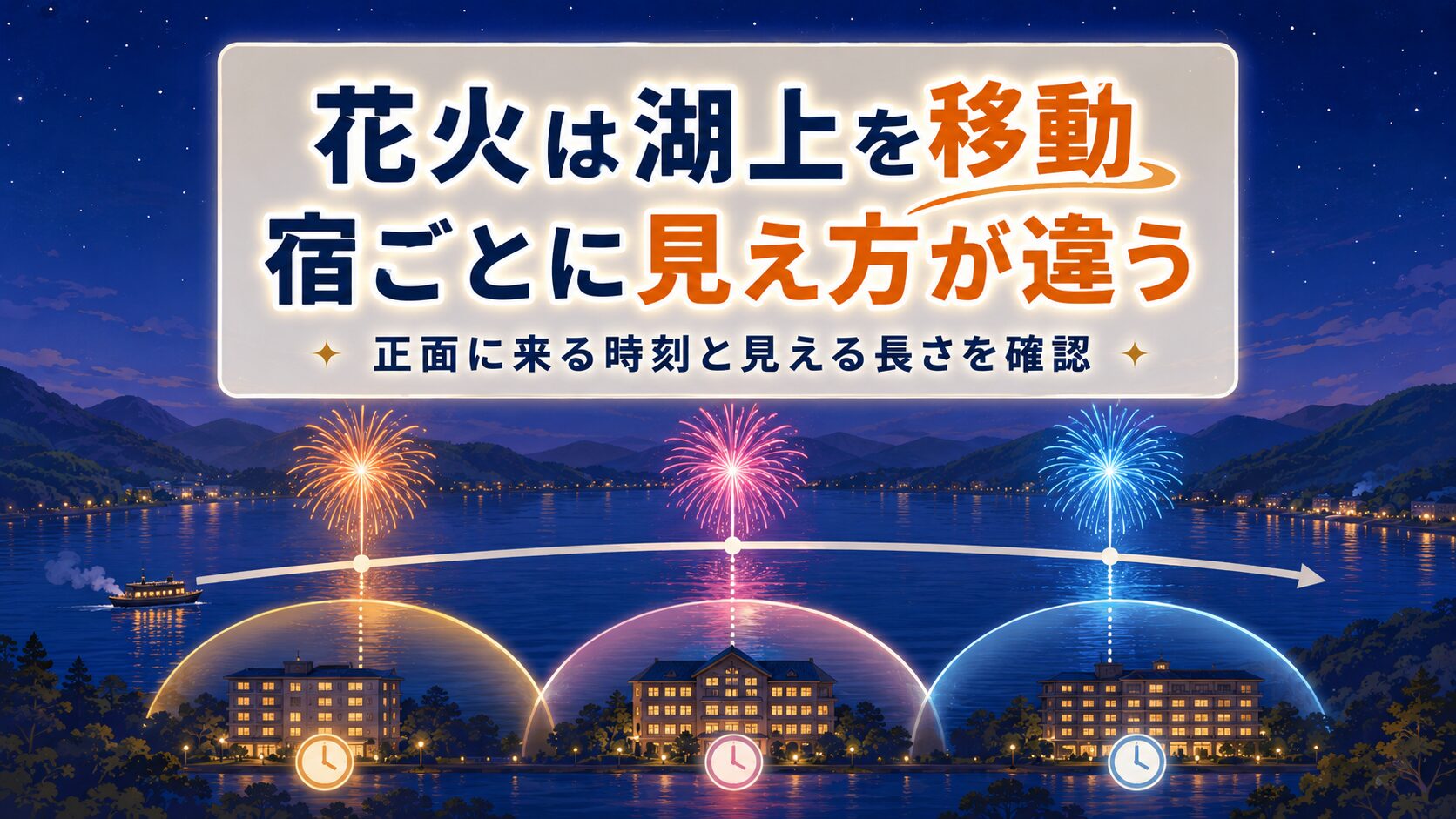 洞爺湖の花火船が湖上を移動し宿ごとに見え方が変わる様子の図解