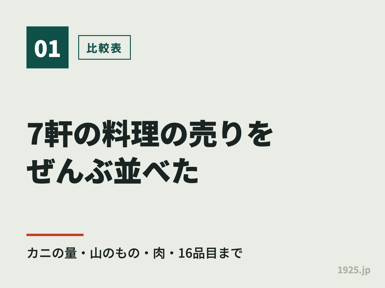 7軒の料理の売りをぜんぶ並べた比較表。カニの量・山のもの・肉・16品目まで