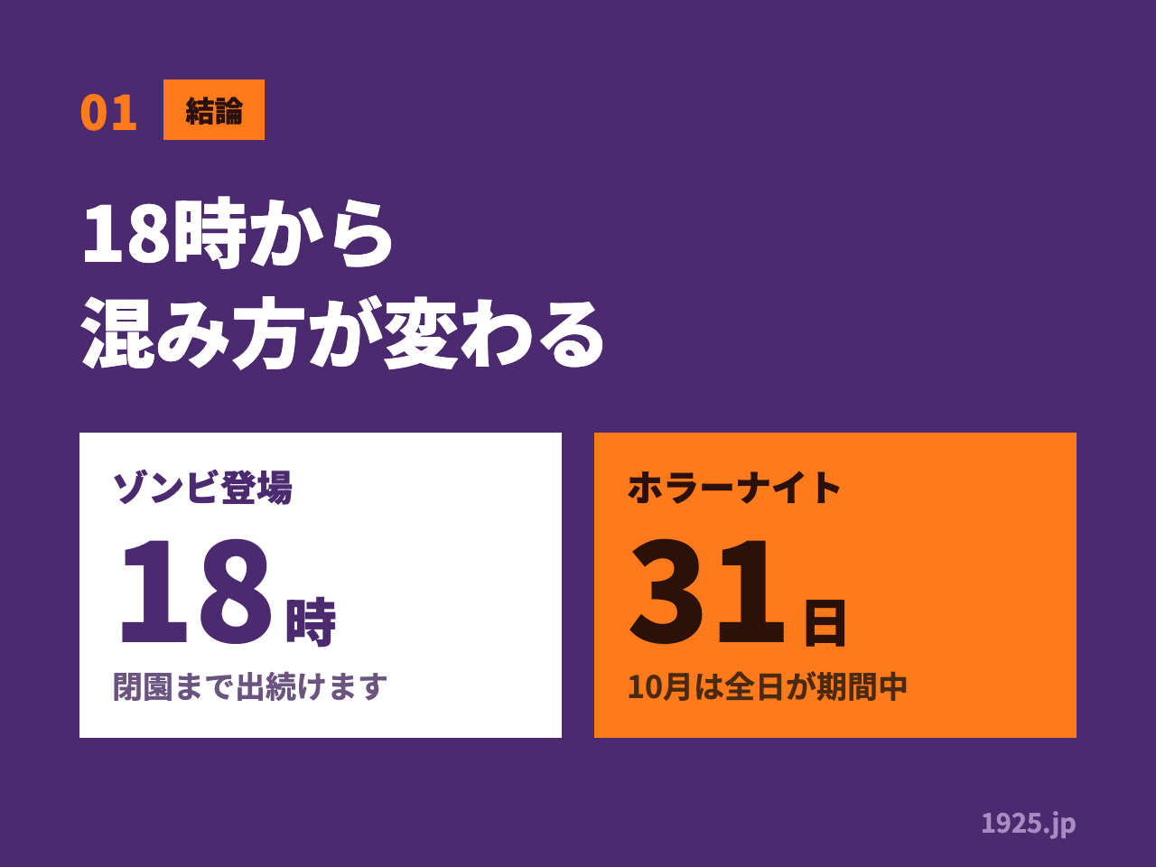 01 結論 18時から混み方が変わる ゾンビ登場18時 閉園まで出続けます ホラーナイト31日 10月は全日が期間中