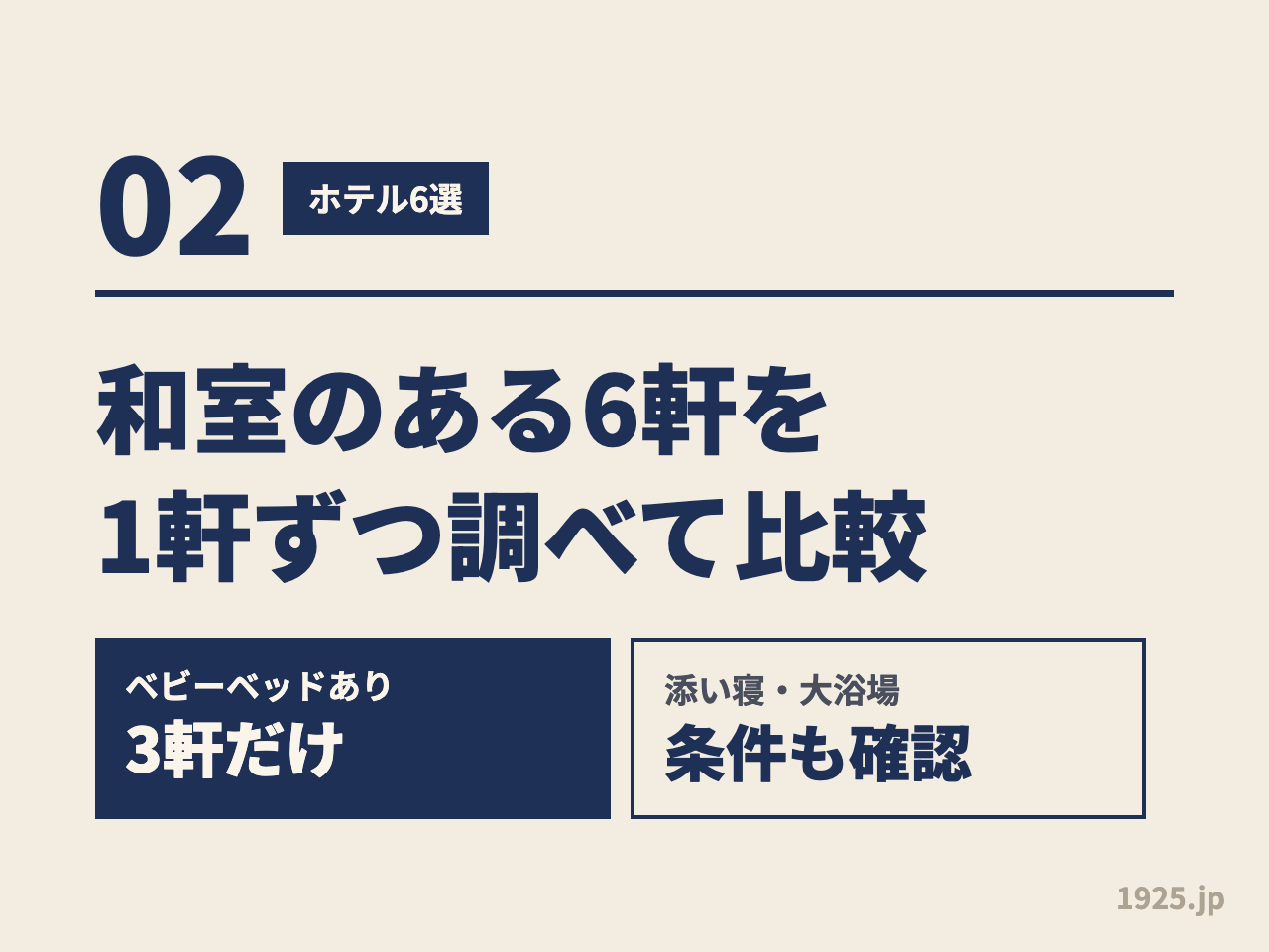 和室のある6軒を1軒ずつ調べて比較。ベビーベッドがあるのは3軒だけで、添い寝と大浴場の条件も確認