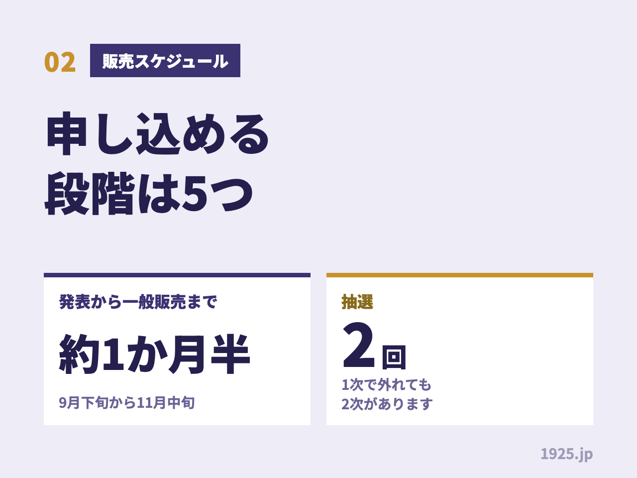 年越しチケットの販売スケジュール。申し込める段階は5つで、発表から一般販売まで約1か月半。抽選は2回あり1次で外れても2次がある