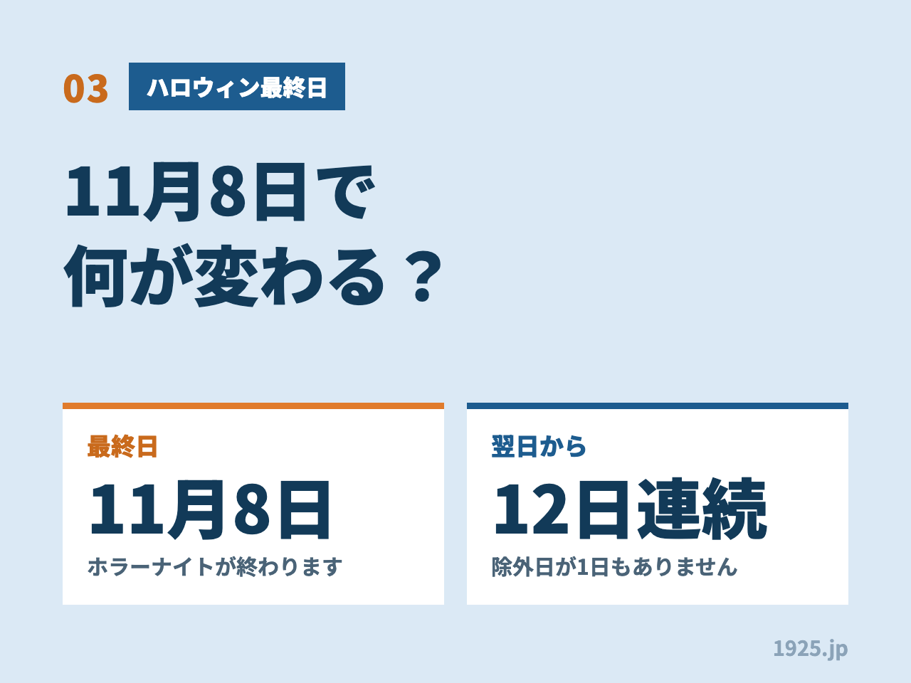 03 ハロウィン最終日 11月8日で何が変わる？ 最終日11月8日にホラーナイトが終わります 翌日から12日連続で除外日が1日もありません