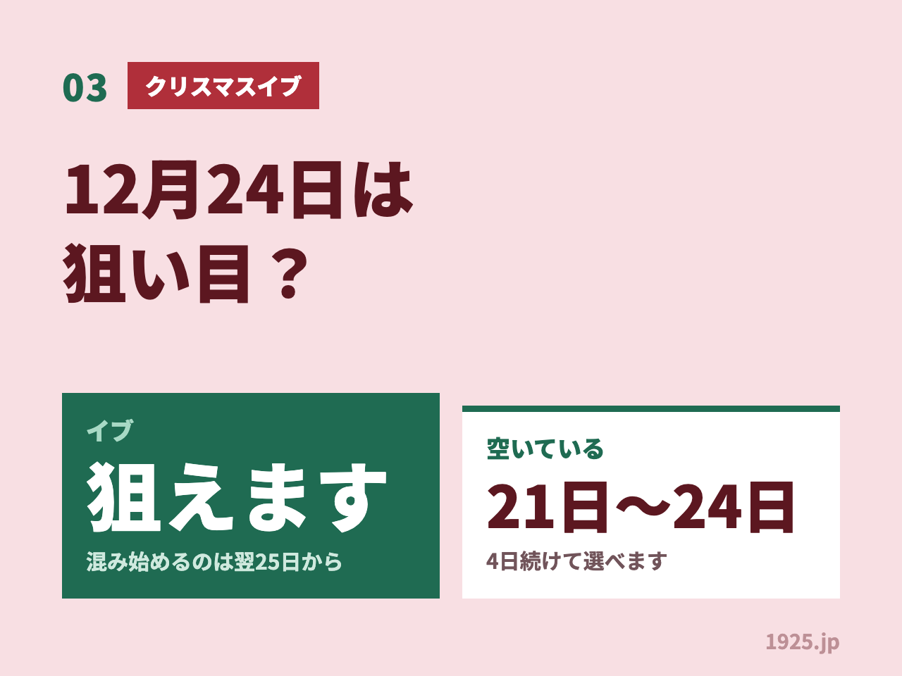 12月24日のクリスマスイブは狙える。混み始めるのは翌25日から。21日から24日は4日続けて空いている