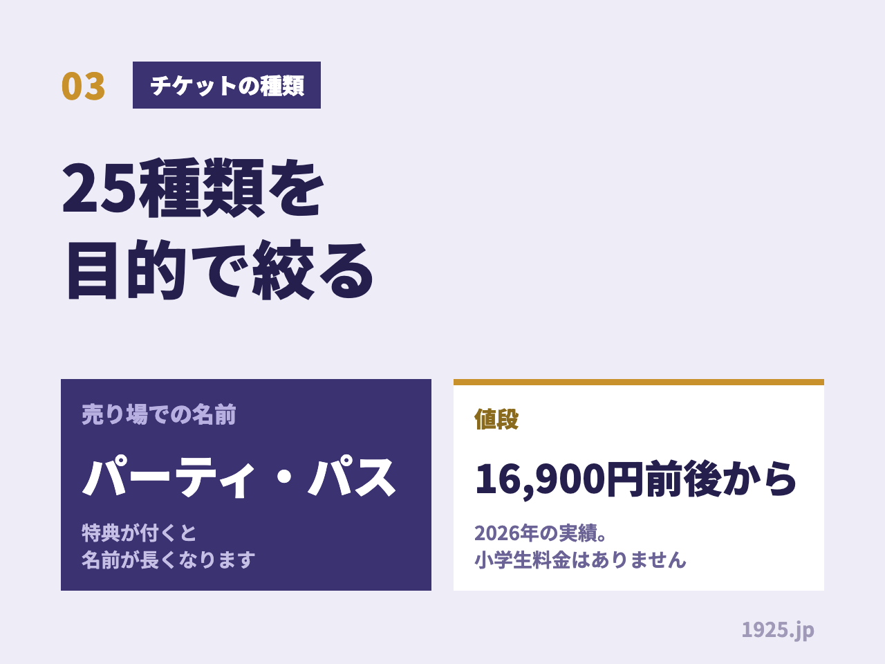 カウントダウンチケットは25種類を目的で絞る。売り場での名前はパーティ・パス。値段は16,900円前後からで小学生料金はない