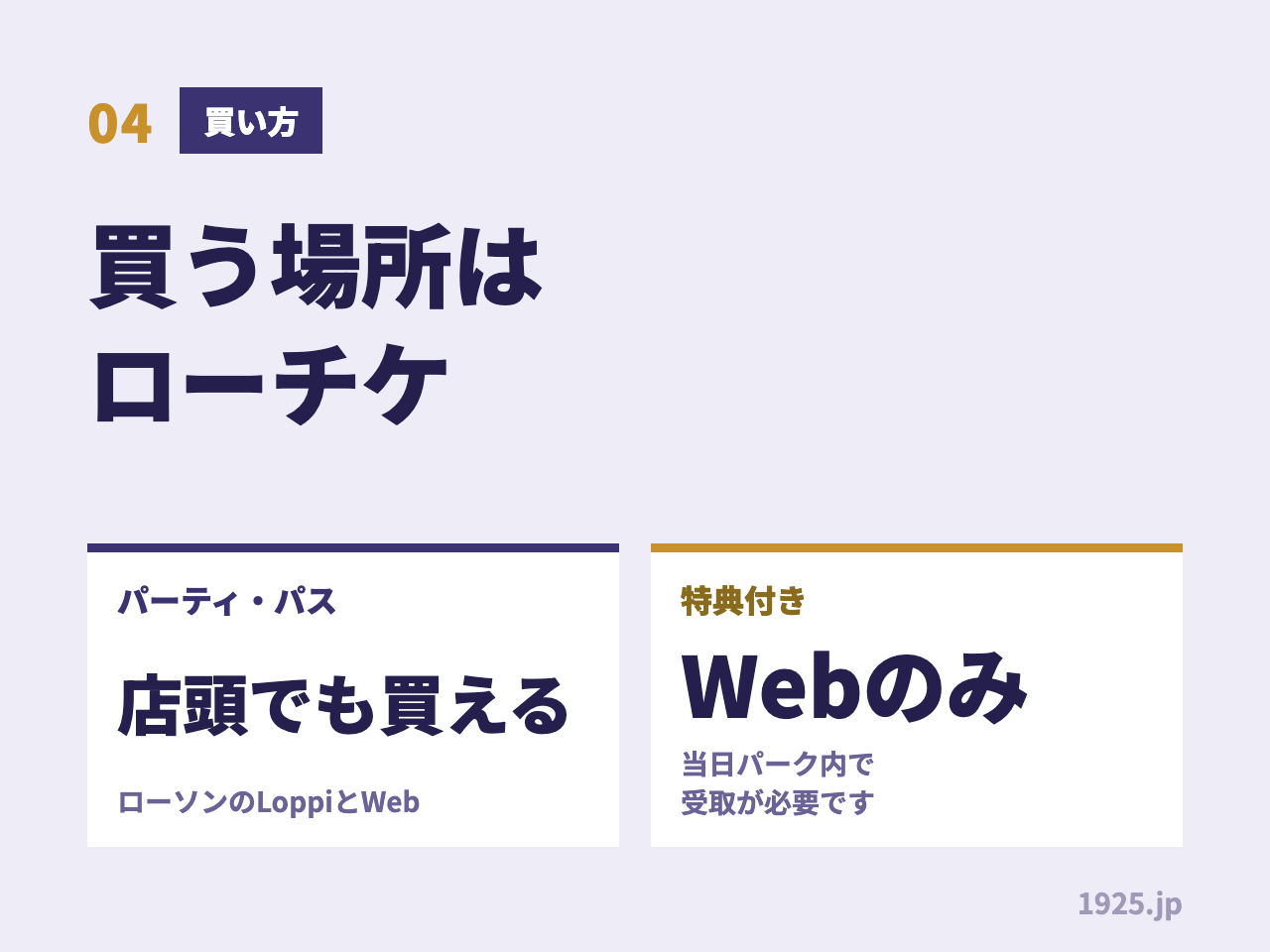 年越しチケットを買う場所はローチケ。パーティ・パスはローソンのLoppiとWebで買え、特典付きはWebのみで当日パーク内での受取が必要