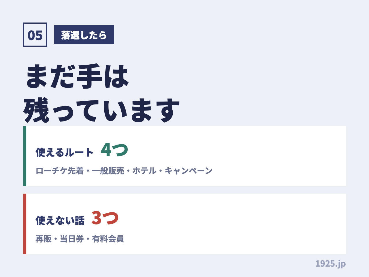 落選してもまだ手は残っている。使えるルートはローチケ先着・一般販売・ホテル・キャンペーンの4つ。使えない話は再販・当日券・有料会員の3つ