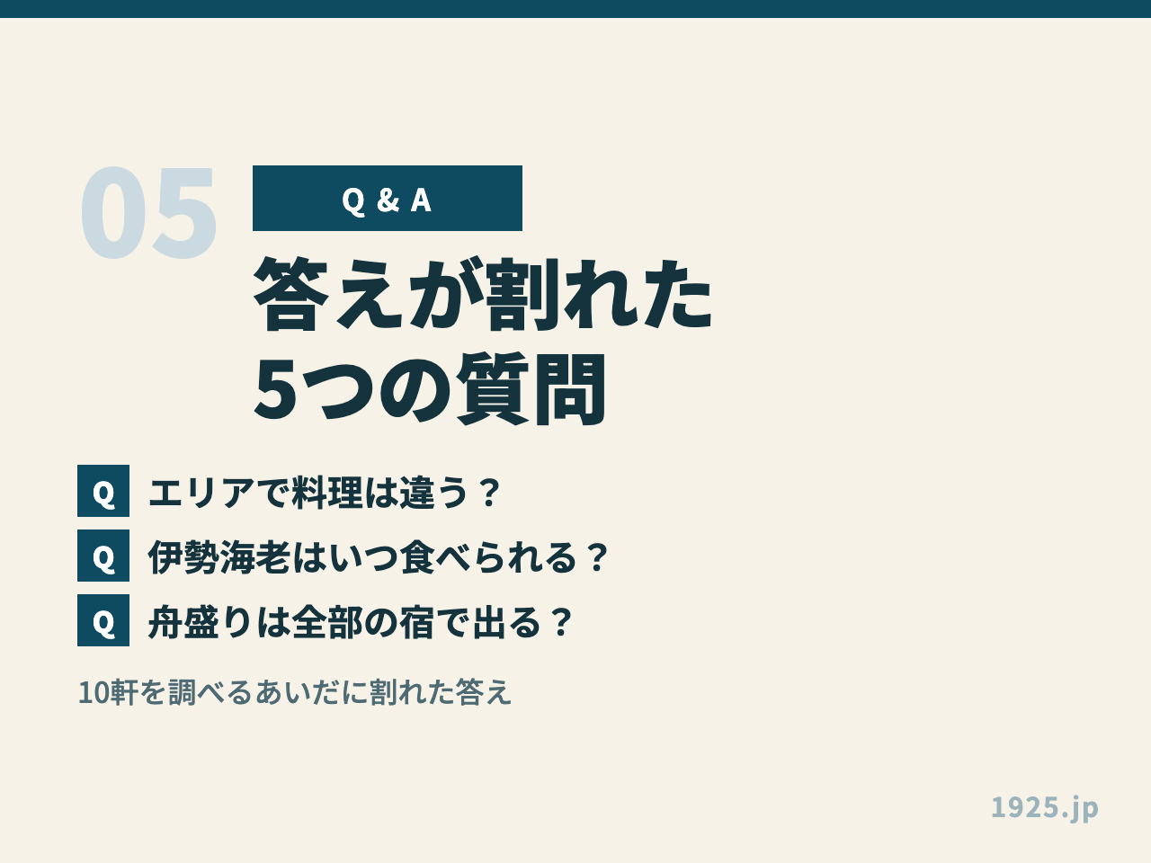伊豆の民宿選びで答えが割れた5つの質問。エリアで料理は違うか、伊勢海老はいつか、舟盛りは全部の宿で出るか