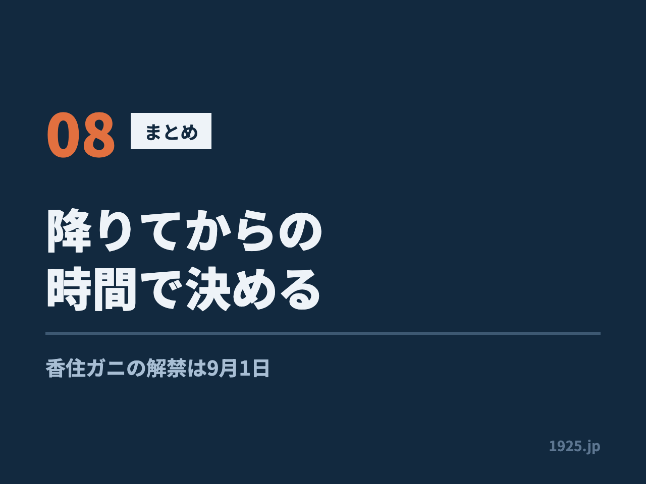 高速を降りてからの時間で決める。香住ガニの解禁は9月1日