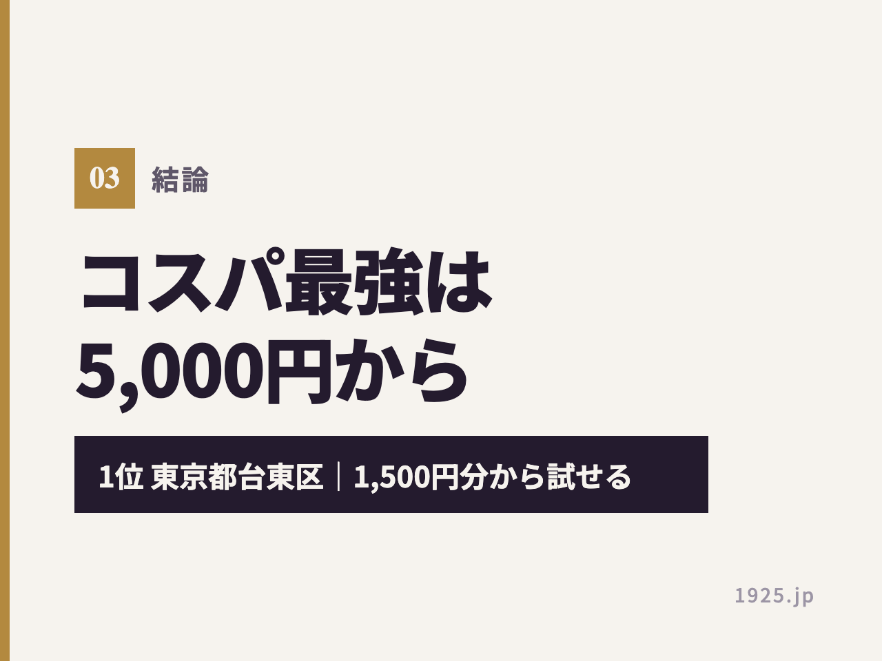 コスパ最強の自治体は5,000円から寄付できる東京都台東区で、1,500円分のクーポンから試せることを示す図