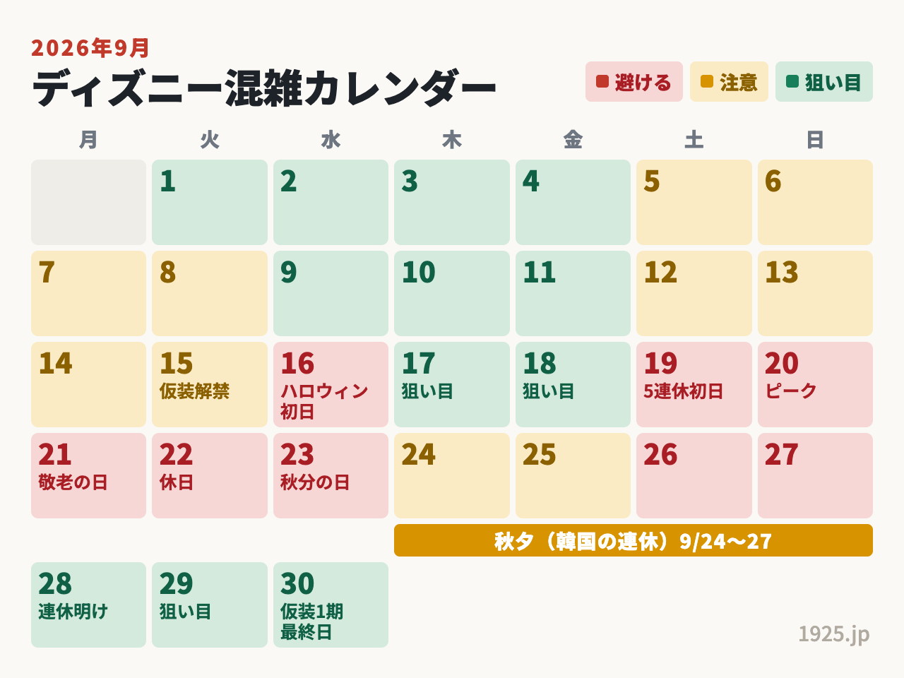 2026年9月ディズニー混雑カレンダー。ハロウィン初日9月16日と19日から23日の5連休が最混雑。狙い目は17日・18日と28日から30日