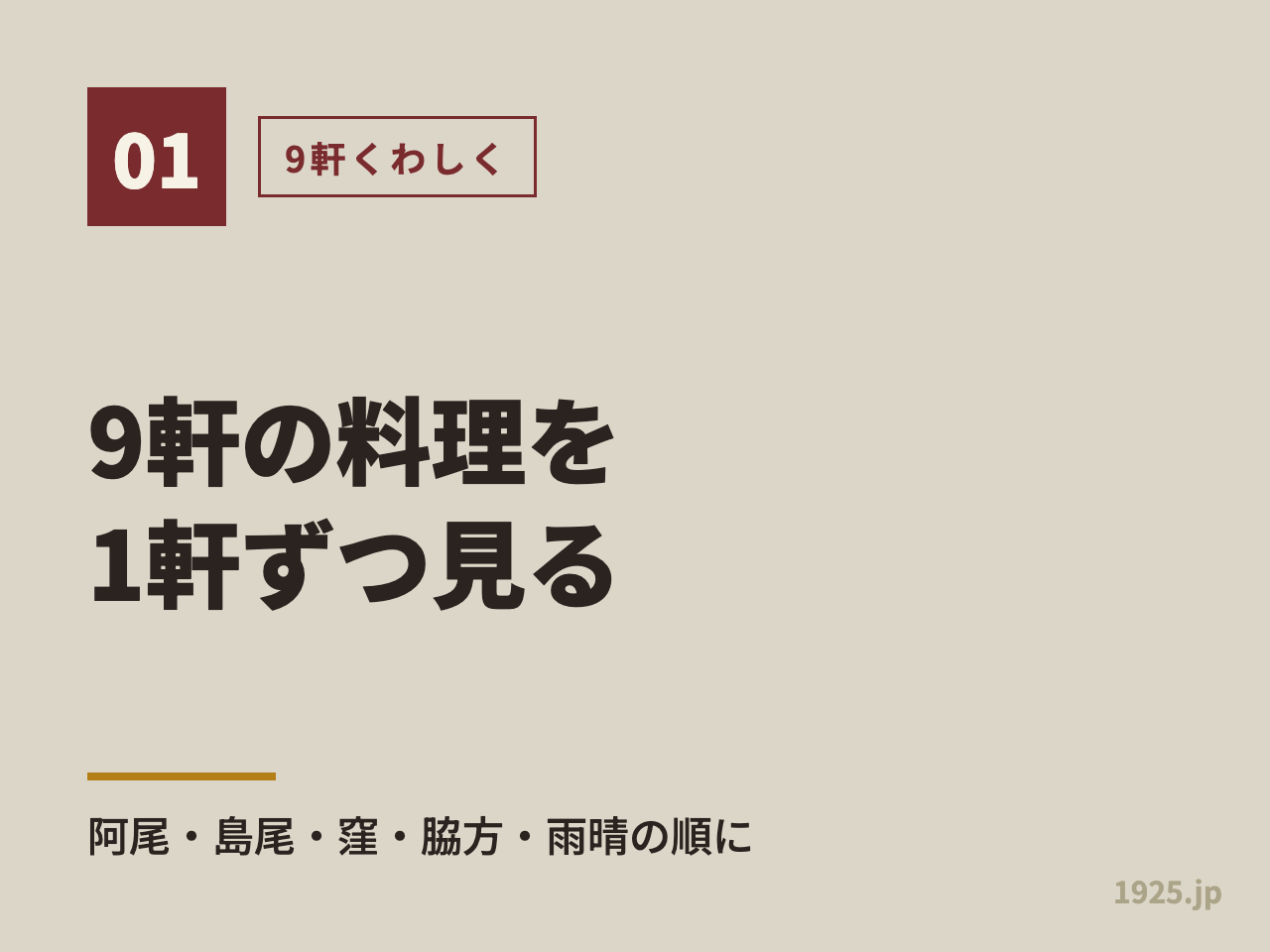 9軒の料理を1軒ずつ見る。阿尾・島尾・窪・脇方・雨晴の順に