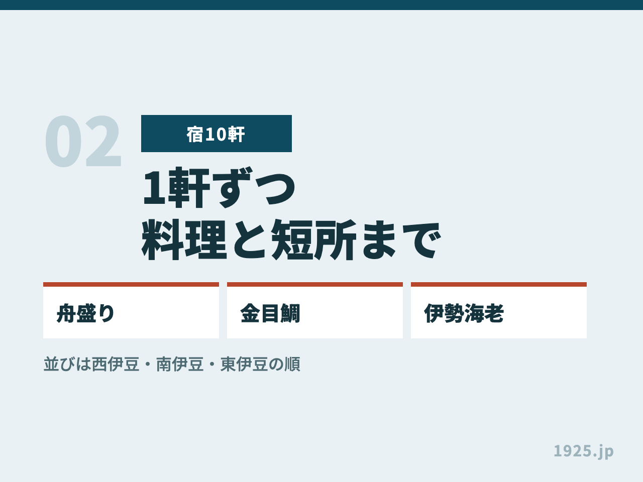 伊豆の食べきれない料理がすごい民宿10軒を1軒ずつ。舟盛り・金目鯛・伊勢海老を西伊豆・南伊豆・東伊豆の順に紹介