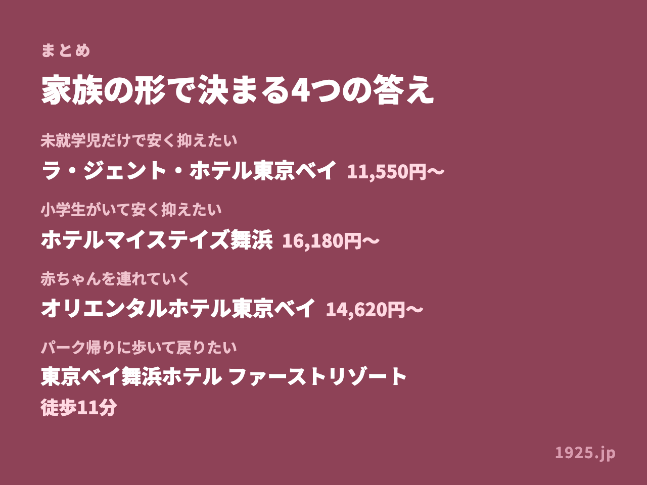 家族の形で決まる4つの答え。未就学児だけならラ・ジェント、小学生がいるならマイステイズ舞浜、赤ちゃん連れはオリエンタル、歩いて戻るならファーストリゾート
