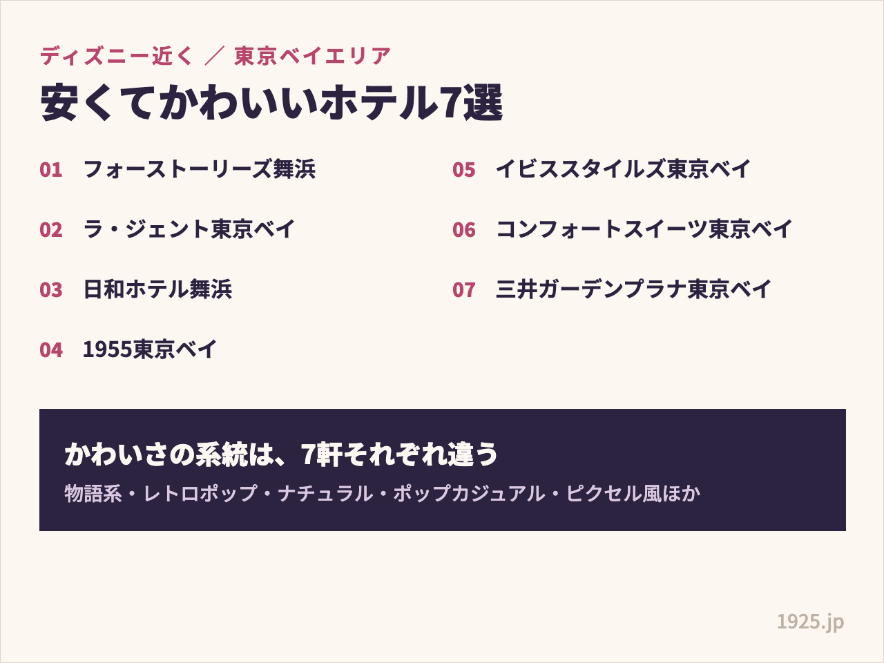 ディズニー近く・東京ベイエリアの安くてかわいいホテル7軒の名前と、かわいさの系統が7軒それぞれ違うことを示した図解