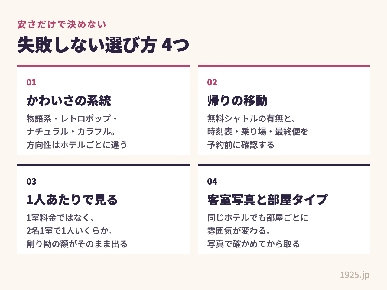 かわいさの系統・帰りの移動・1人あたりの料金・客室写真と部屋タイプという、失敗しない選び方4つの図解