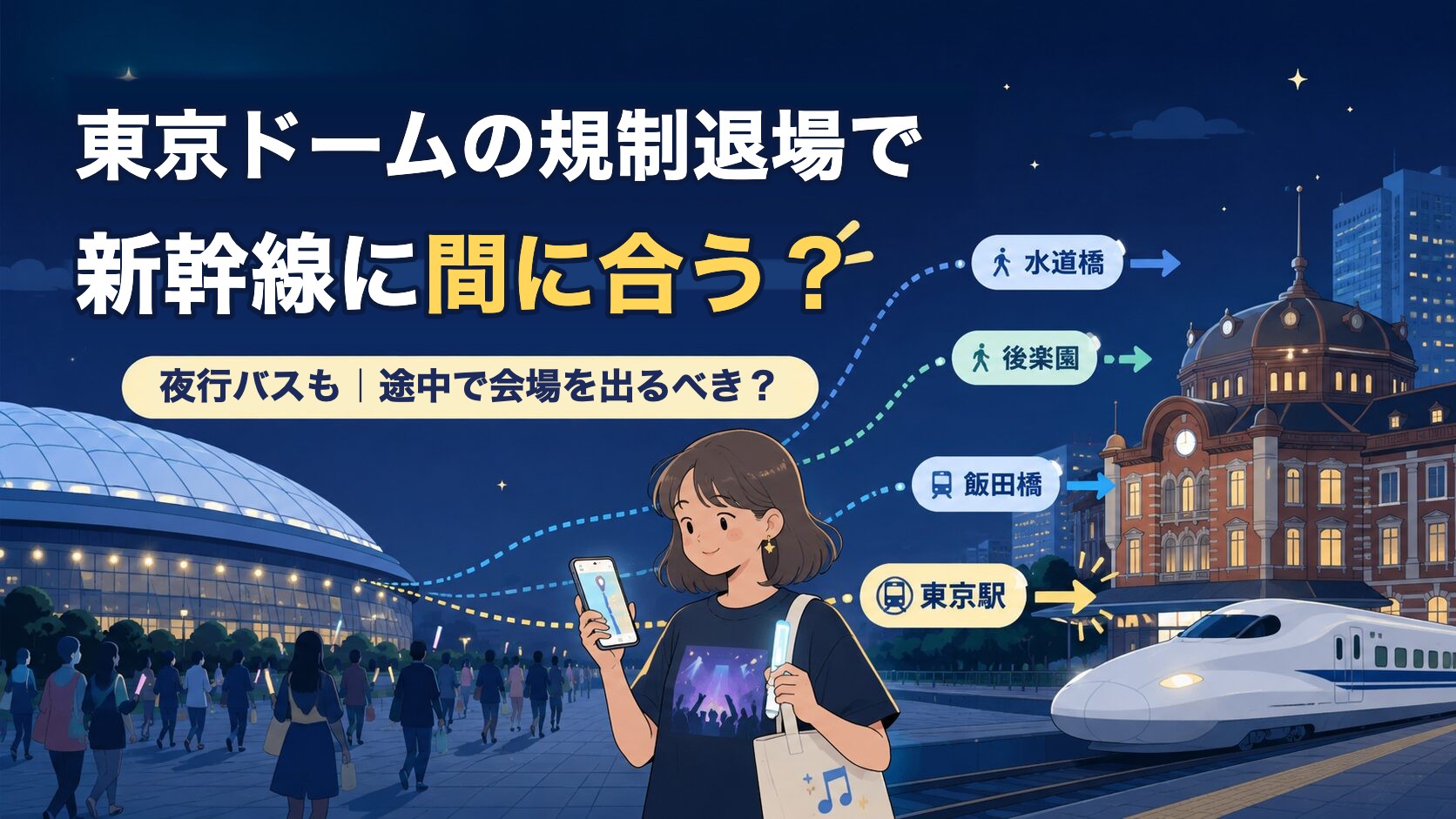 東京ドームの規制退場で新幹線に間に合う？夜行バスも、途中で会場を出るべき？の文字と、東京ドームから水道橋・後楽園・飯田橋を通って東京駅の新幹線へ向かう女性のイラスト