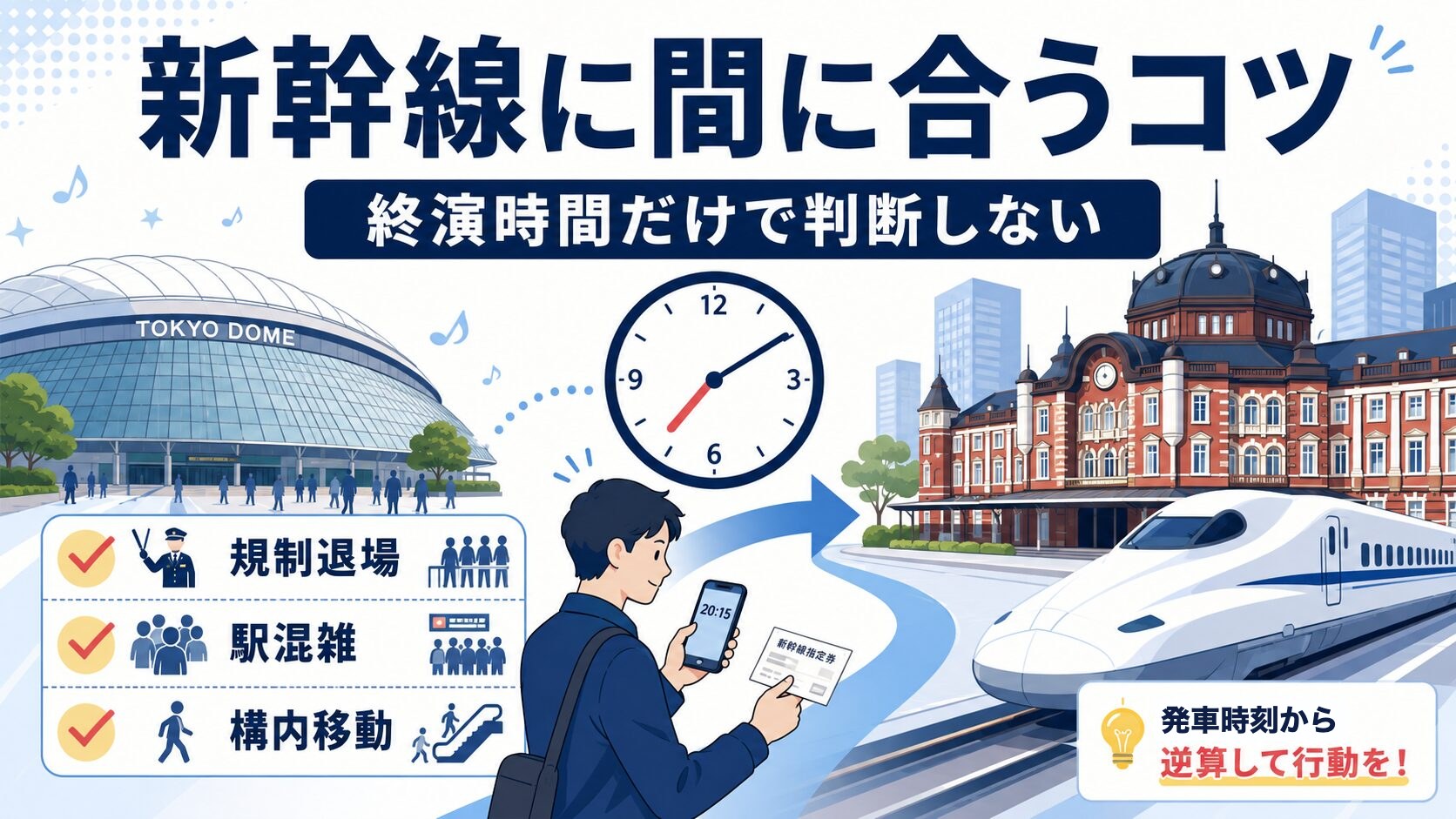 新幹線に間に合うコツの図解。終演時間だけで判断せず、規制退場・駅混雑・構内移動を見込んで、発車時刻から逆算して行動する